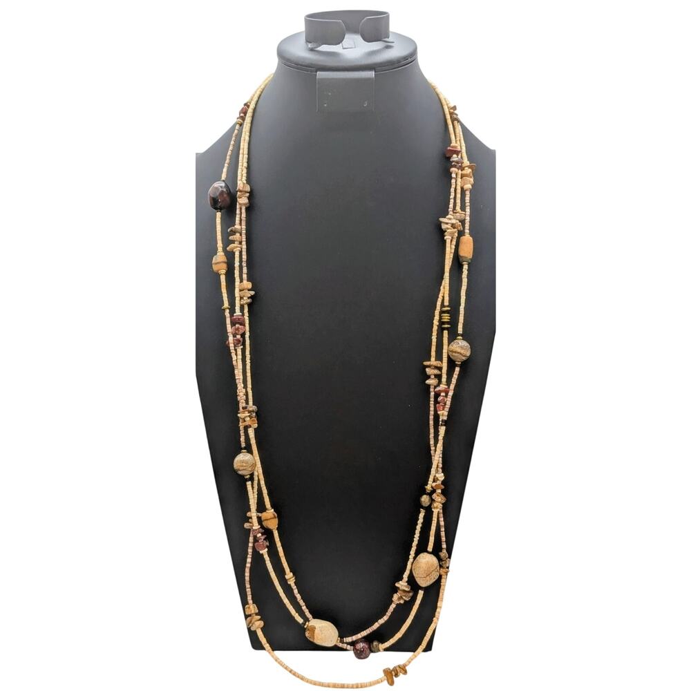 Vintage Three Strand Tiny Heishi Shell Bead Jasper Stone Station Long Necklace